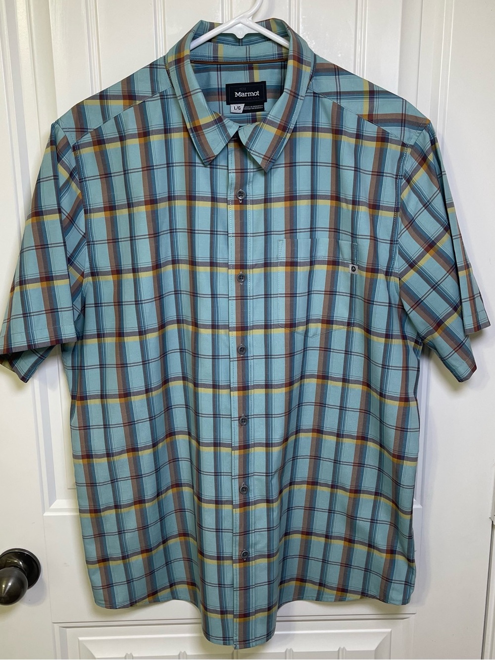 Marmot Men's Large Plaid Short Sleeve Button Down Shirt Teal Brown Yellow Hiking